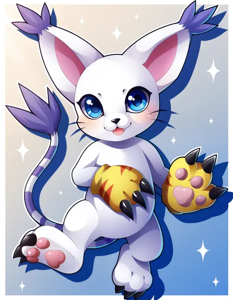 gatomon, feral, (digimon), solo, looking at viewer, blue eyes, white fur, striped tail, gloves, paw gloves, pawpads, three claws