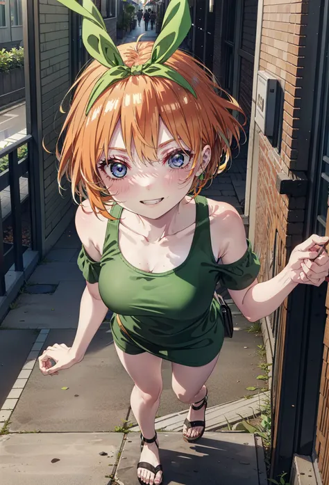 Yotsubanakano, Fourth floor Nakano, bangs, short hair, blue eyes, Hair between the eyes, hair ribbon, hair band, Orange Hair, (Green ribbon:1.5), smile, Grin,Cold Shoulder Shirt,Short sleeve,mini skirt,Heeled Sandals,Walking,True Summer,Clear skies,Palm tr...