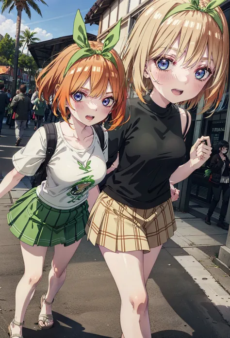 Yotsubanakano, Fourth floor Nakano, bangs, short hair, blue eyes, Hair between the eyes, hair ribbon, hair band, Orange Hair, (Green ribbon:1.5), smile, Open your mouth,blush,Cold Shoulder Shirt,Short sleeve,mini skirt,Heeled Sandals,Walking,True Summer,Cl...