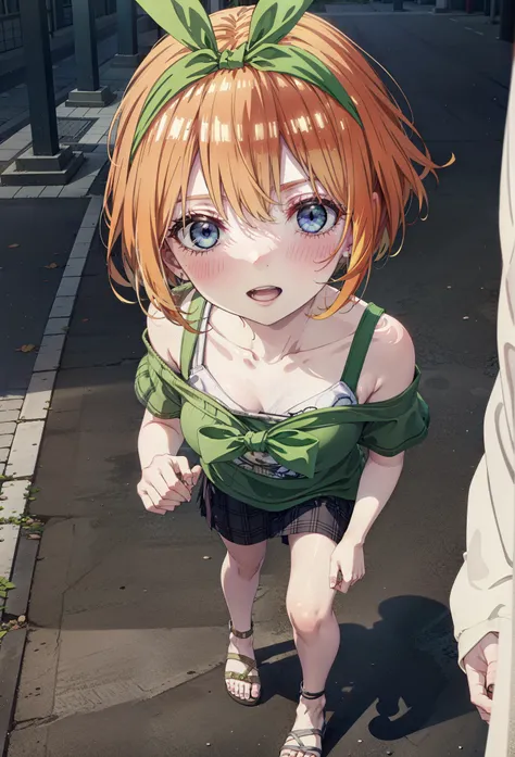 Yotsubanakano, Fourth floor Nakano, bangs, short hair, blue eyes, Hair between the eyes, hair ribbon, hair band, Orange Hair, (Green ribbon:1.5), smile, Open your mouth,blush,Cold Shoulder Shirt,Short sleeve,mini skirt,Heeled Sandals,Walking,True Summer,Cl...