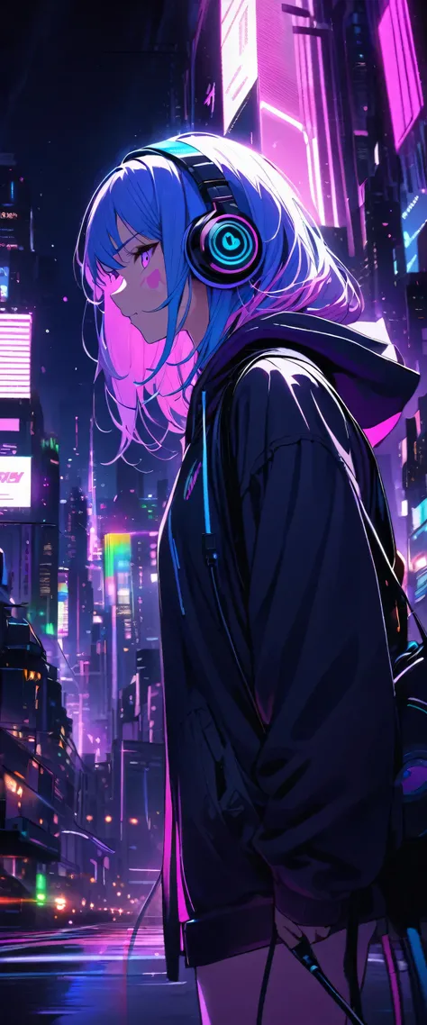 Super detailed,1 girl, alone, hoodie, Facial Contour, headphone, RGB lighting headphones, headphones with Purple lighting, headphone with cable, Purple lighting, city, night city,Blue Hair, Pink Hair