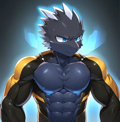 Thin macho　western black dragon　　abs　　　　　Hollow abs　　body suit　　thick arms　　　chest rig　　　、sweaty　　　skin glow　　profile　　Wearily　short of breath　　  　Chemo shota　　Thick chest have a 　blue eyes　Tired look　Glowing abs　Deep abdominals jacket　profile　one person