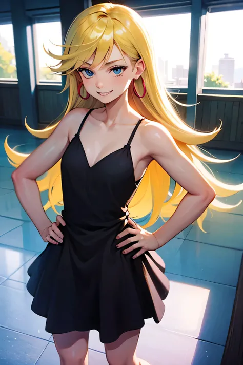 masterpiece, best quality, solo, 1 girl, psgpanty, black dress, blue eyes, long hair, blonde hair, hoop earrings, upper body, collarbone, little sleeveless black dress, parody, indoors, smile, right hand on hip, left hand on knee, full body