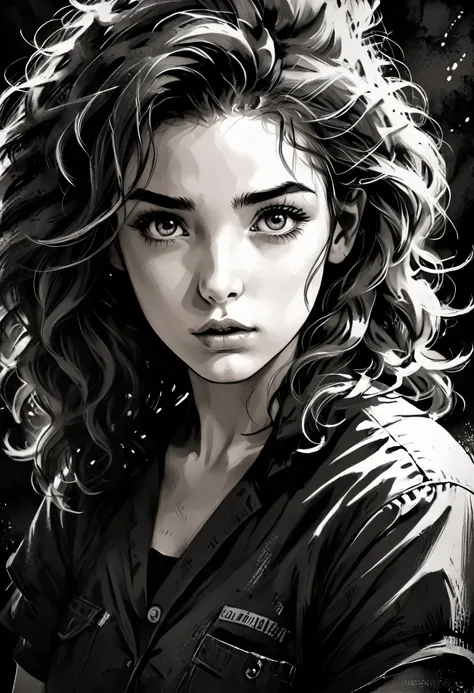 A girl in a situation, sketch, black and white, detailed features, cute, vintage style, high contrast lighting, expressive eyes, tousled hair. (best quality, high res, realistic:1.37), vintage, monochrome, intense gaze, dramatic lighting, rugged background...