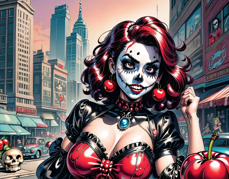 An ultra meticulously detailed retro comic style, exaggerated Ben-Day dots, colored pencil, hand drawn illustration portraying a close up portrait by Clyde Caldwell and Gil Elvgren of a gorgeous pin up, undead, skull face girl in a short and cute vintage c...