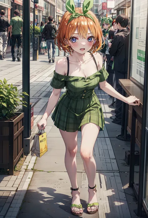 Yotsubanakano, Fourth floor Nakano, bangs, short hair, blue eyes, Hair between the eyes, hair ribbon, hair band, Orange Hair, (Green ribbon:1.5), smile, Open your mouth,blush,Cold Shoulder Shirt,Short sleeve,mini skirt,Heeled Sandals,Walking,True Summer,Cl...