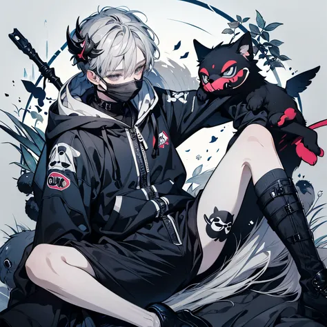 Beautiful young man, darkblue-haired, ((Gray eyes)),(short wave hair:1.2), (Black mask:1.2), White hoodie,clear wear,High quality, amount of drawing, pixiv illustration,(animal sticker:1.2),(NSFW:1.1),((spread legs:1.1)).