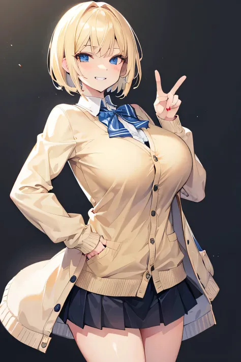 woman, Blonde, short bob hair, big breasts, uniform, peace sign, ,cardigan,grin