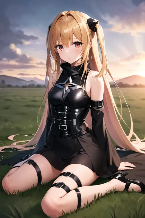 masterpiece, Best Quality, High resolution, aayami, very long hair, two sides up, hair ornament, bare shoulders, black dress, clothing trimming, separate sleeves, belt, thigh strap, wariza, grass. field, evening