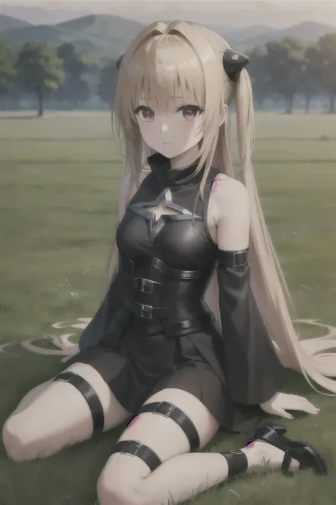 masterpiece, Best Quality, High resolution, aayami, very long hair, two sides up, hair ornament, bare shoulders, black dress, clothing trimming, separate sleeves, belt, thigh strap, wariza, grass. field, evening