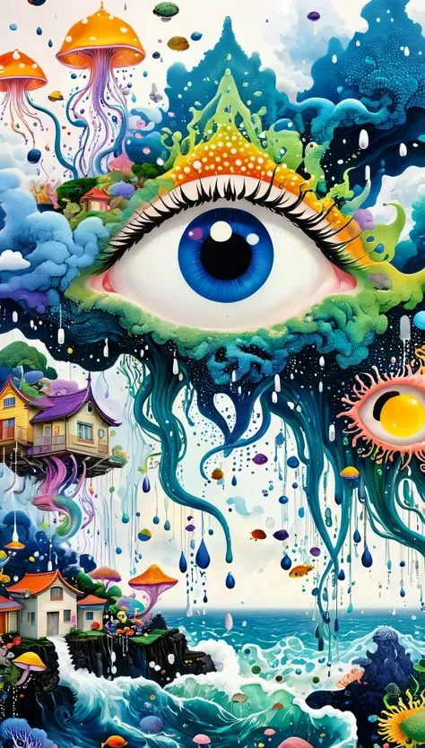 Strong visual fusion of multiple elements,Broto,来自Star的艺术家,Dopamine color scheme,house、Eye、pearl珠帘、pearl、Star、cloud、fish、Spore powder、Ocean、rain、Tentacles,Describing the inner world of autistic people,密集Pointillism method。Smooth lines。interesting,Strange i...