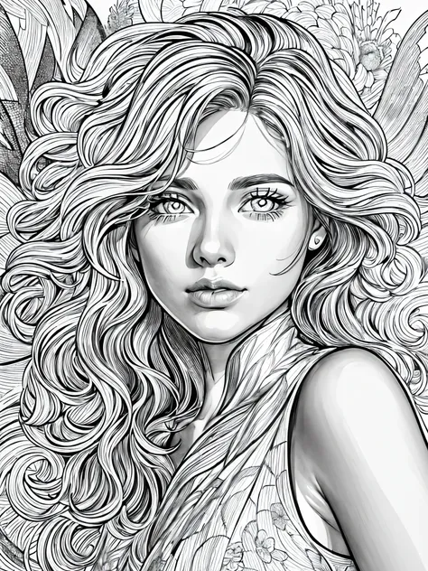 (Black and white coloring book:1.5), line drawings, masterpiece, best quality, ultra-detailed, high resolution, Very detailed face, (Eyes clear and distinct lines), Hair is white color, Full body shot, Woman wearing a sundress made of light material, perfe...