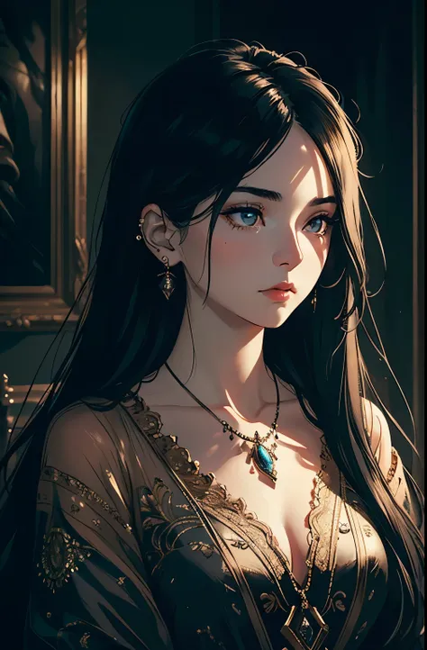 a beautiful young woman with long black hair, detailed face, piercing eyes, wearing jewelry, resting alone, intricate detailed portrait, ethereal atmospheric lighting, highly detailed, photorealistic, chiaroscuro lighting, dramatic lighting, cinematic, moo...