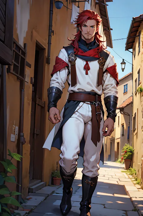 dark man, Red-Haired, greeneyes, knee high boots, White pants, regatta, in a medieval village