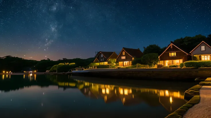 A picturesque village landscape set along a serene seashore, illuminated by a starry night sky. The stars twinkle brightly, creating a magical atmosphere reminiscent of Ghibli Studios enchanting style. The village houses have warm, glowing lights, and the ...