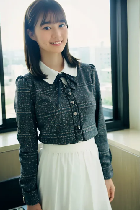 ((highest quality)), (detailed), 1 japan girl, (smiled: 0.6), standing in a hotel room, frilled skirt, (from below: 0.2)