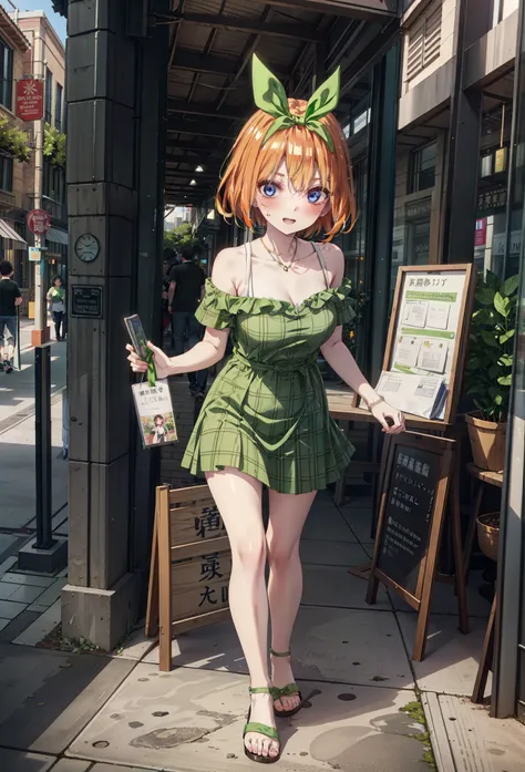 Yotsubanakano, Fourth floor Nakano, bangs, short hair, blue eyes, Hair between the eyes, hair ribbon, hair band, Orange Hair, (Green ribbon:1.5), smile, Open your mouth,blush,Cold Shoulder Shirt,Short sleeve,mini skirt,Heeled Sandals,Walking,True Summer,Cl...