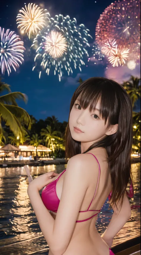 (((Masterpiece，Highest quality，Highest quality，8k，16K))，((Ultra-high resolution，Super detailed)))，Japanese，beautiful girl，sexy，glamorous，Golden Ratio Style，Bikini，night，Tropical Beach，Fireworks display，Fireworks、((Tropical BeachにてFireworks displayのFirework...