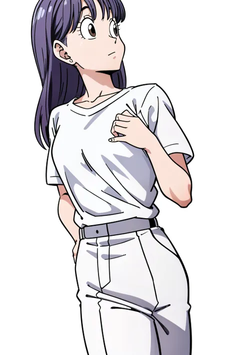 picture?聞こpictureない, Bloomers, Cell Saga, Semi-long hair, Purple Hair, Close-up, No bangs, Brown eyes, One girl, alone, Hands in the ears, Hands in the ears, White shirt, White pants, Baggy pants, From the side, Look to the side, Wind, eyelash, From the ch...