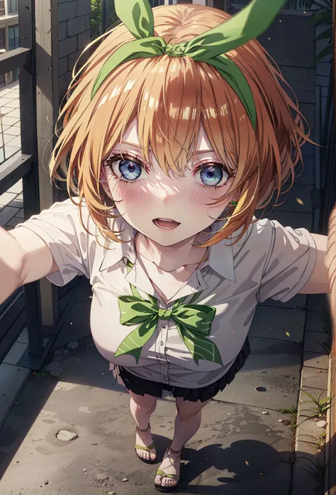 Yotsubanakano, Fourth floor Nakano, bangs, short hair, blue eyes, Hair between the eyes, hair ribbon, hair band, Orange Hair, (Green ribbon:1.5), smile, Open your mouth,blush,Cold Shoulder Shirt,Short sleeve,mini skirt,Heeled Sandals,Walking,True Summer,Cl...