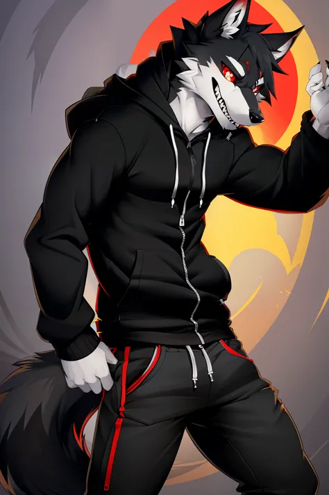 (4k , ultra detailed , flat colored)Furry werewolf , black wolf，Wear a black zip up hoodie，((hoodie is unzipped)) , dark grey pants , wolf tail , 1tail , tail on waist , barefoot , malicious grin , blood red eyes , silver eye whites , slitted pupils , fron...