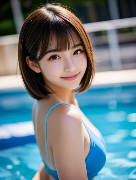 product quality, 1girl, front view, a Japanese young pretty girl, 16 years old, healthy and happy smile, short Hair, glamorous figure, busty, wearing a blue one-piece swimsuit, in school pool side, (Many students in the background:1.4), hyper cute face, gl...