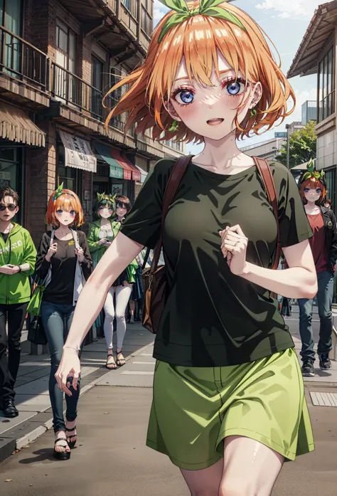 Yotsubanakano, Fourth floor Nakano, bangs, short hair, blue eyes, Hair between the eyes, hair ribbon, hair band, Orange Hair, (Green ribbon:1.5), smile, Open your mouth,blush,Cold Shoulder Shirt,Short sleeve,mini skirt,Heeled Sandals,Walking,True Summer,Cl...