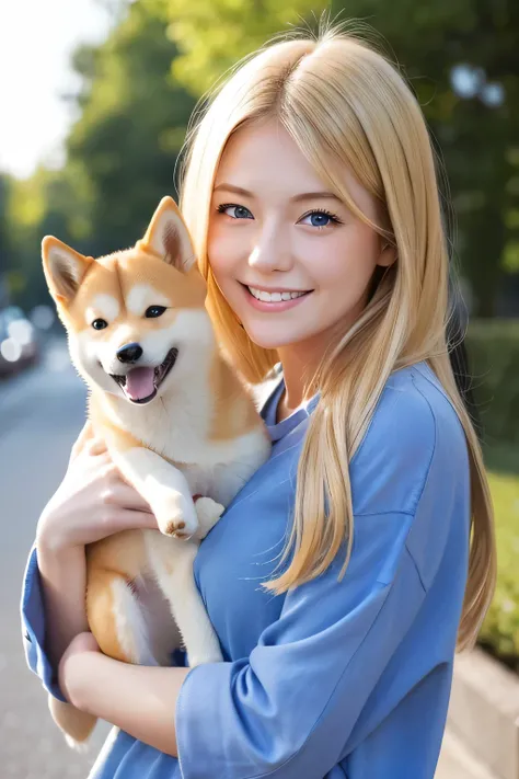 Blonde、Blue Eyes、19-year-old female、Smiling young woman holding a realistic Shiba Inu、