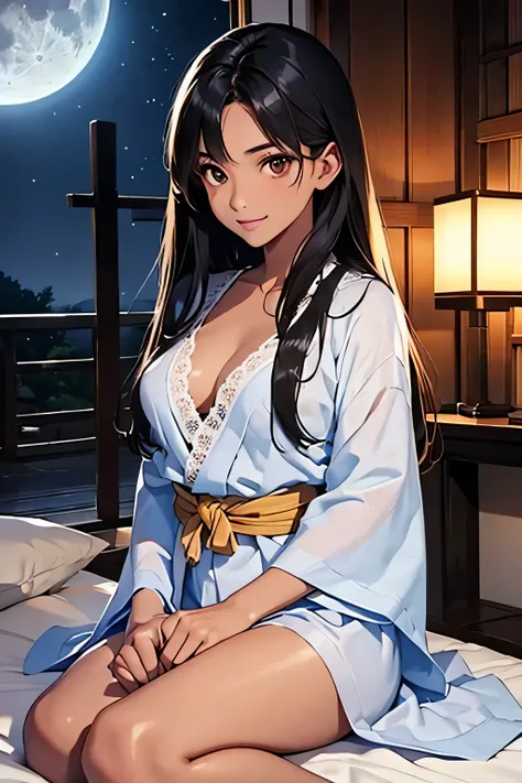 highest quality、Realistic、Women、Black Hair、Light brown eyes、Long Straight Hair、Fluffy blue yukata、White Lingerie、Tanned dark skin、Tan Skin、Dark Skin、Large Breasts、smile、slender、Moonlit Night、Japanese-style room、Summer blanket、Bust Shot