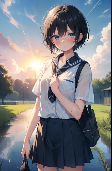 girl,high school girl,boyish,Black Hair,Bag,Very Short Hair,Summer uniform,mini skirt,Sweaty,Wet,Troubled face,blush,blue eyes,countryside,Paddy field,Serious face,sun,Close ~ eyes