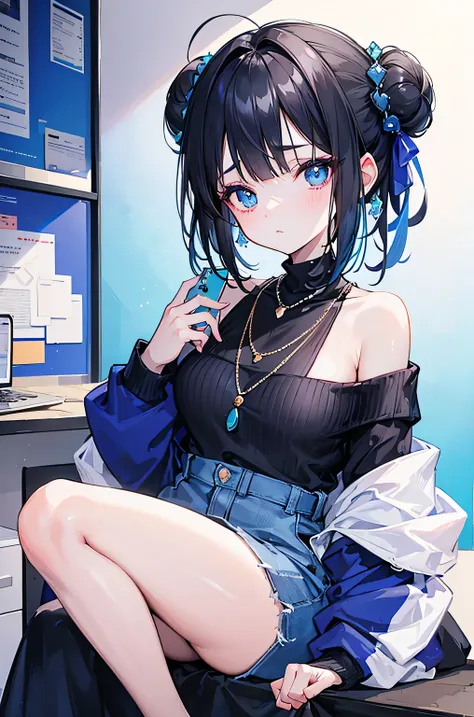  Blue Off Shoulder Sweater，Fair skin and beautiful appearance，Black hair loli bun，Sweet peach face makeup，necklace