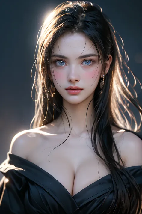 (Girl in a semi-transparent off-the-shoulder black dress)、、(フォトRealistic:1.4)、(ハイパーRealistic:1.4)、(Realistic:1.3)、(Smooth lighting:1.05)、(Improved Cinematic Lighting Quality:0.9)、.32K、1girl、20yo girl、Realistic lighting、Backlight、Face light、light、(Brighteni...