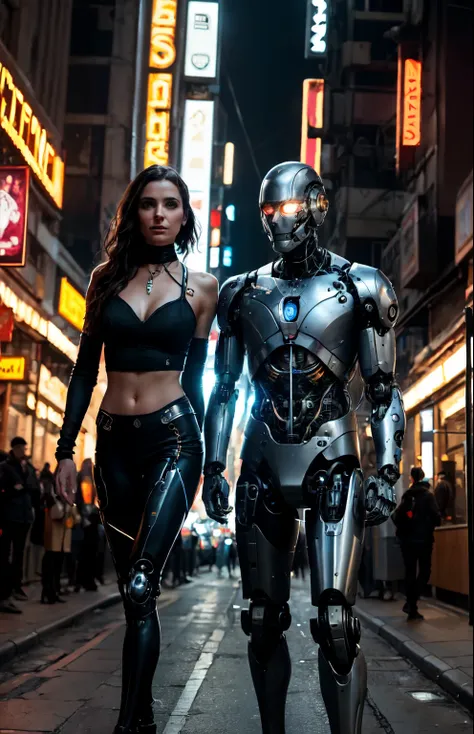 Here is a short story that focuses on the relationship between female and male cyborgs:

In a dystopian, neon-lit metropolis of the future, Amanda, a metal-framed cyborg beneath her skin, wandered the streets in search of her destiny. Her mechanical limbs ...