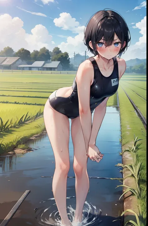 high school girl,boyish,Black Hair,Very Short Hair,Black competitive swimsuit,Sweaty,Wet,Troubled face,blush,blue eyes,countryside,Paddy field,Serious face,sun,Full body view