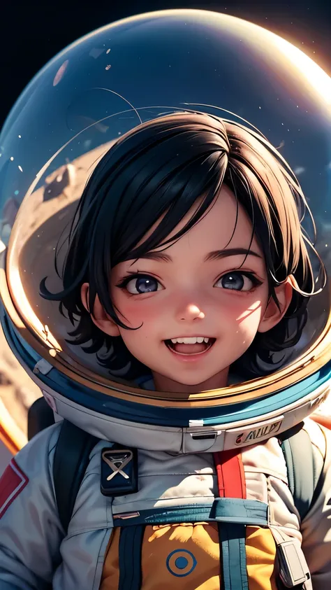 a little boy in a spacesuit in space is having a good laugh, black hair, longeyelashes, solid circle eyes, ear blush, fang, ccur...