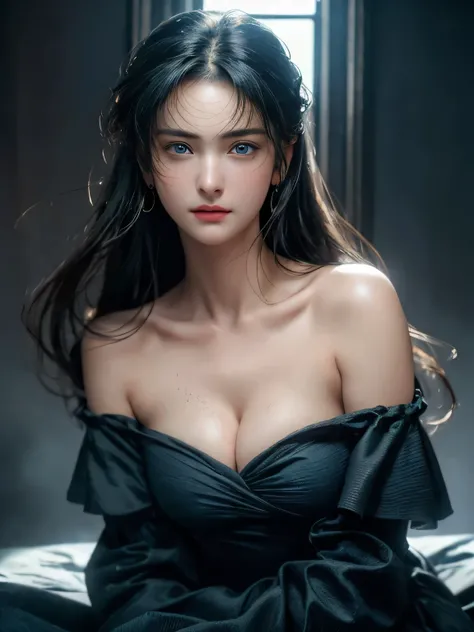 (Girl in a semi-transparent off-the-shoulder black dress)、, (photo realistic:1.4), (hyper realistic:1.4), (realistic:1.3), (smoother lighting:1.05), (increase cinematic lighting quality:0.9),. 32K, 1girl,20yo girl, realistic lighting, backlight, light on f...