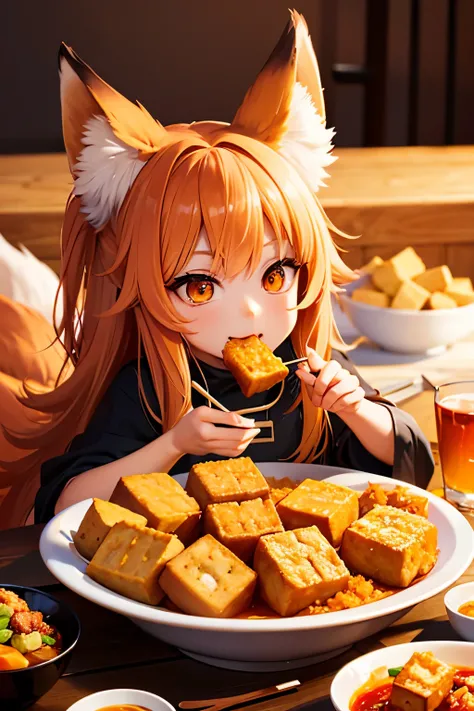 Fox girl eating Deep fried tofu