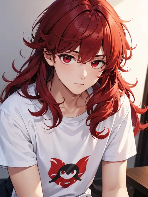 1boy,18 years old, looking away ,cool,middle parted hairstyle,Curly hair, red hair, red eyes, long hair, vampire, handsome,,close up photo, close up photo,White t-shirt,Short sleeve t-shirt,,black trousers