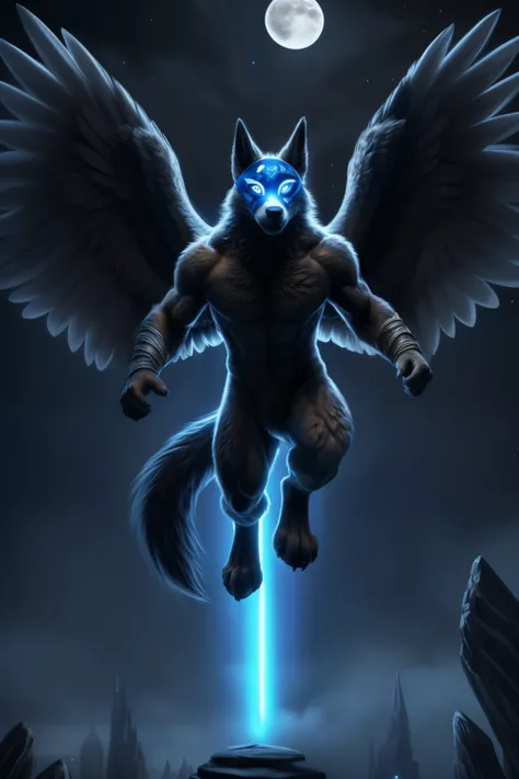 (Flying dog with mask, anthro, canine, full body, masked, detailed, feathered wings, high quality, masterpiece, best quality, ultra detailed, dynamic pose, airborne, s2, trending on ArtStation, intricate, detailed background, night scene, blue, mysterious ...