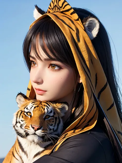 ((Highest quality)), (detailed), (3d), (head shot), (Profile photo), (close), Beautiful Middle Eastern woman holding a tiger&#39;s head on her head, High resolution, 4K 