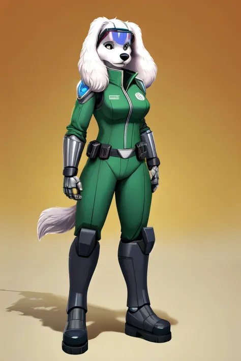 fay spaniel (star fox), furry female anthro, dog, labrador, poodle, cyborg, white fur, black nose, long white floppy labrador ea...