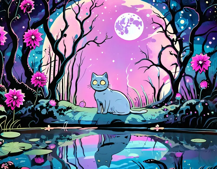 Create a vivid, intricately detailed, dark-whimisical, digital illustration with pop-surrealist elements depicting a completely (((Skeletal cat:1.5))) in enchanted nocturnal forest. Small waterfall flows into a (reflective pond in the foreground:1.3) as sk...