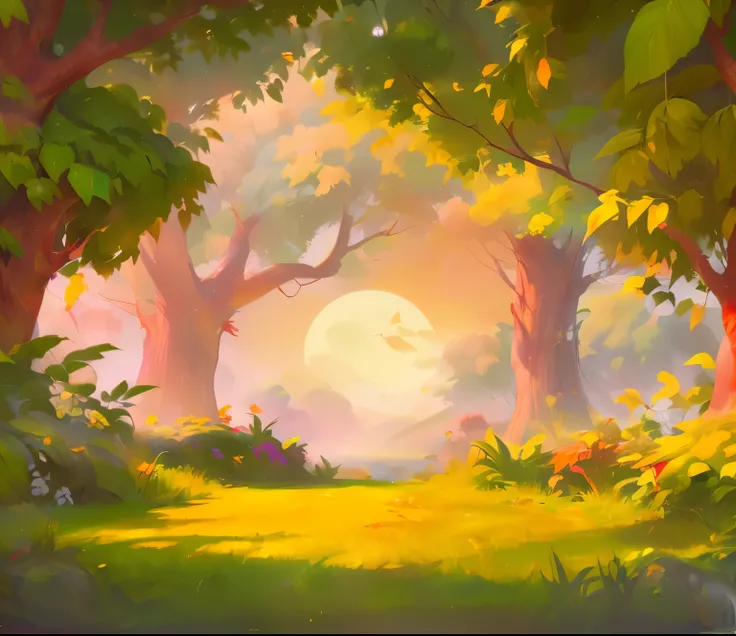 best quality,Extremely detailed,Practical,landscape,Sunset over the woods,Sunset in the distance,autumn,Beautiful warm colors,Sunlight shines through the trees,vibrant foliage,Peaceful atmosphere,fresh air,Fine mist,Fallen leaves cover the earth,Sunlight s...