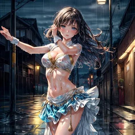 Fantasy,dream-like,An illustration,Realistic,Actual Photos,colorful,
((Late night street,in the rain,Beautiful woman dancing wet under street lights:1.5))
in the rain,A deserted public road late at night,Quiet street,
I don&#39;t have an umbrella,Beautiful...