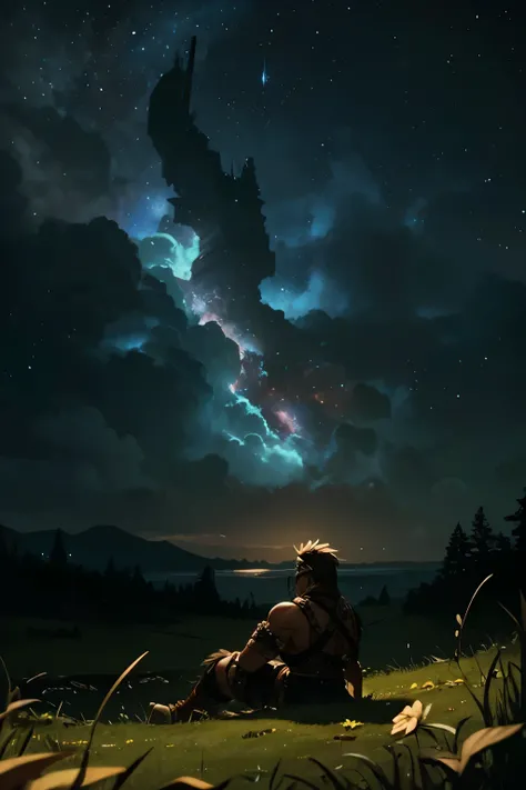 a fighting game character, barbarian, picture of an adult male warrior, male barbarian, male warrior, highly detailed character resting on grass , sky galaxy , masterpiece , A lot of grass