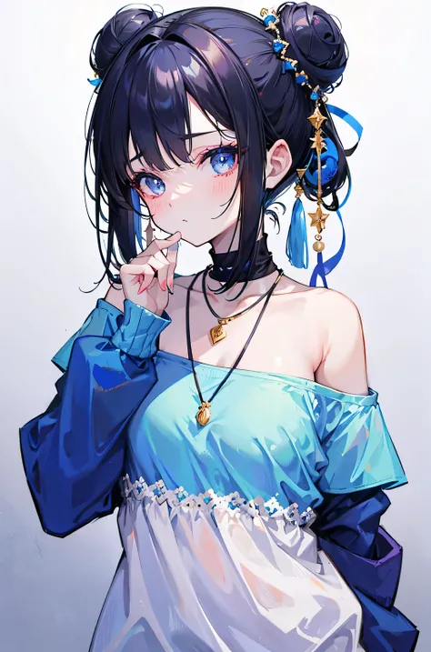  Blue sweater with off-shoulder design，Fair skin and beautiful appearance，Black hair loli bun，Sweet peach face makeup，necklace