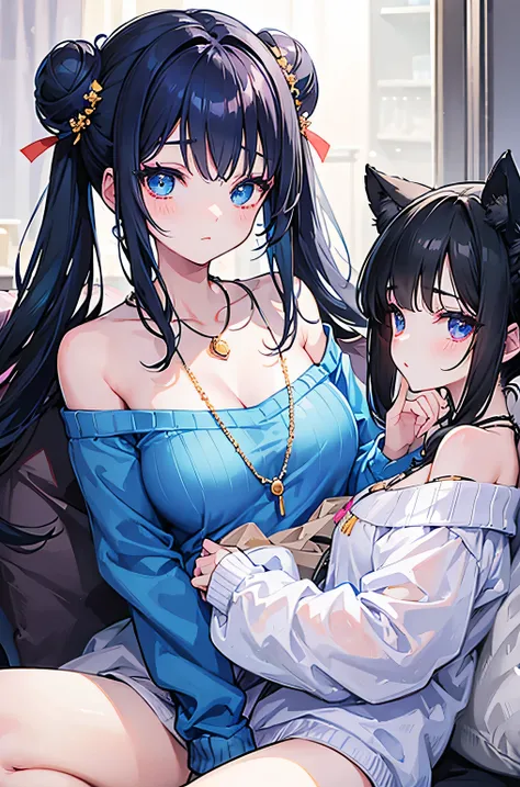  Blue sweater with off-shoulder design，Fair skin and beautiful appearance，Black hair loli bun，Sweet peach face makeup，necklace