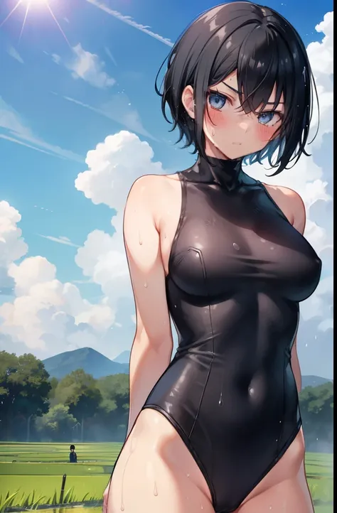 high school girl,Boyish hairstyle,Black Hair,Very Short Hair,Black leotard,Super High Leg Cut,Sweaty,Wet,Troubled face,blush,blue eyes,countryside,Paddy field,Serious face,sun,Large Breasts,Cowboy Shot