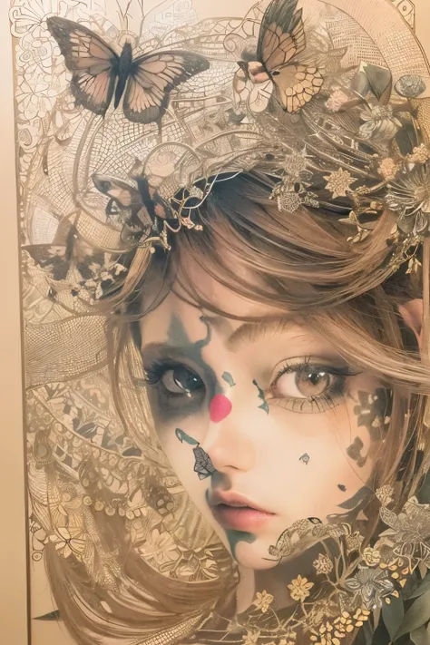 ((((masterpiece))), tattoo、Highest quality, An illustration, Beautiful details shine,
paper_cut, The details of a fragile girl&#39;s face captured on camera, wood, moon, butterfly,Wind、star、spider、Ladybug、centipede