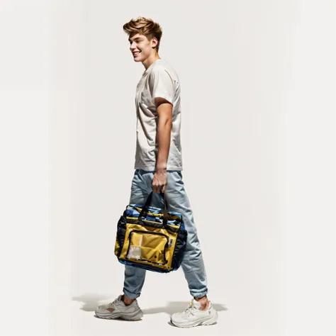 An 18-year-old，Swedish man，充满masculinity的年轻男子,Muscular man side profile，whole body，（Keep your eyes on the front），Smiling cheerful boy，（Hand-held transparent tote bag），（Light gray top：1.37），（jeans：1.37），White sneakers，Golden brown hair , Light brown eyes, m...